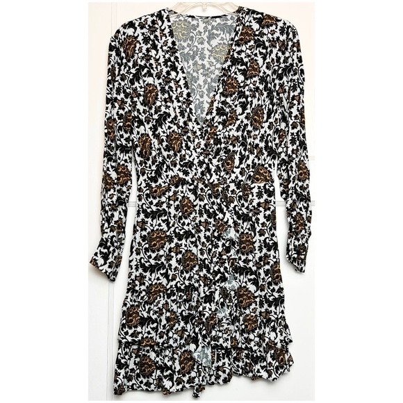 SANDRO Floral Print Long Sleeve V-Neck Faux Wrap Tiered Ruffle Mini Dress 6 - Picture 7 of 16